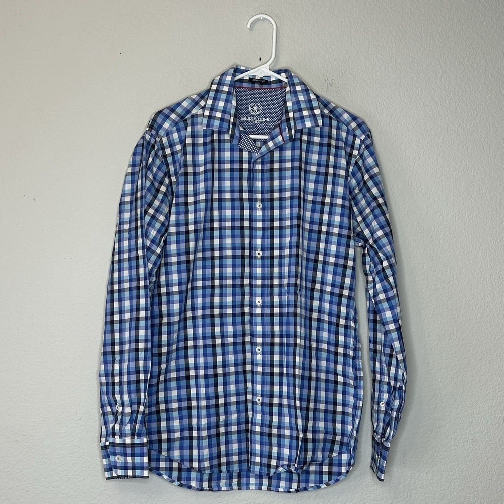 Bugatchi Multicolor Plaid Check Button Up Dress Shirt Men's Size M Flip Cuffs